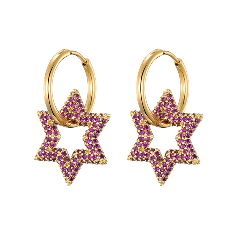 LOVBEAFAS New Star Round Stainless Steel Hoop Earrings For Women Cubic Zirconia Geometric Gold Color Wedding Elegant Jewelry