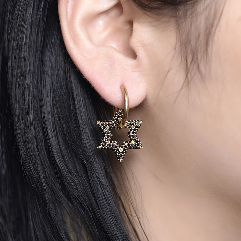 LOVBEAFAS New Star Round Stainless Steel Hoop Earrings For Women Cubic Zirconia Geometric Gold Color Wedding Elegant Jewelry