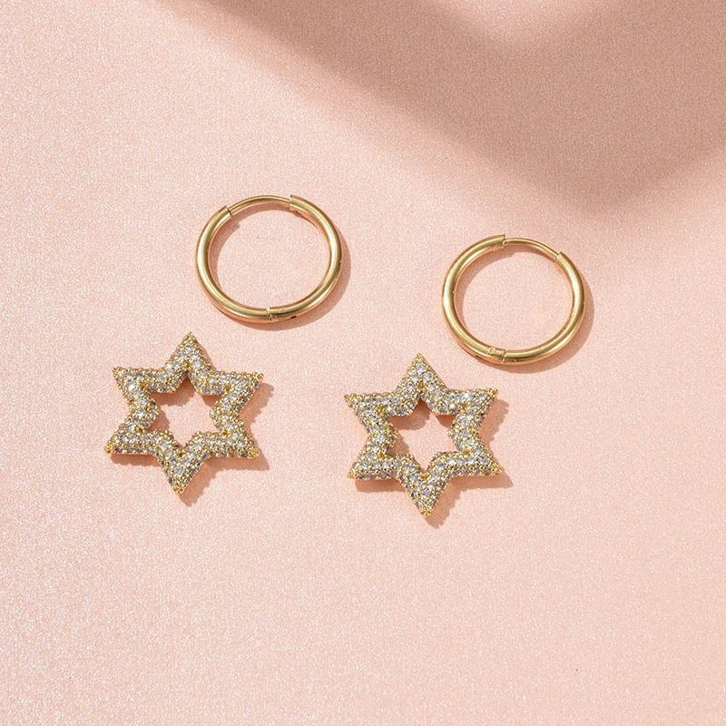 LOVBEAFAS New Star Round Stainless Steel Hoop Earrings For Women Cubic Zirconia Geometric Gold Color Wedding Elegant Jewelry