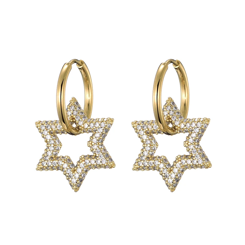 LOVBEAFAS New Star Round Stainless Steel Hoop Earrings For Women Cubic Zirconia Geometric Gold Color Wedding Elegant Jewelry