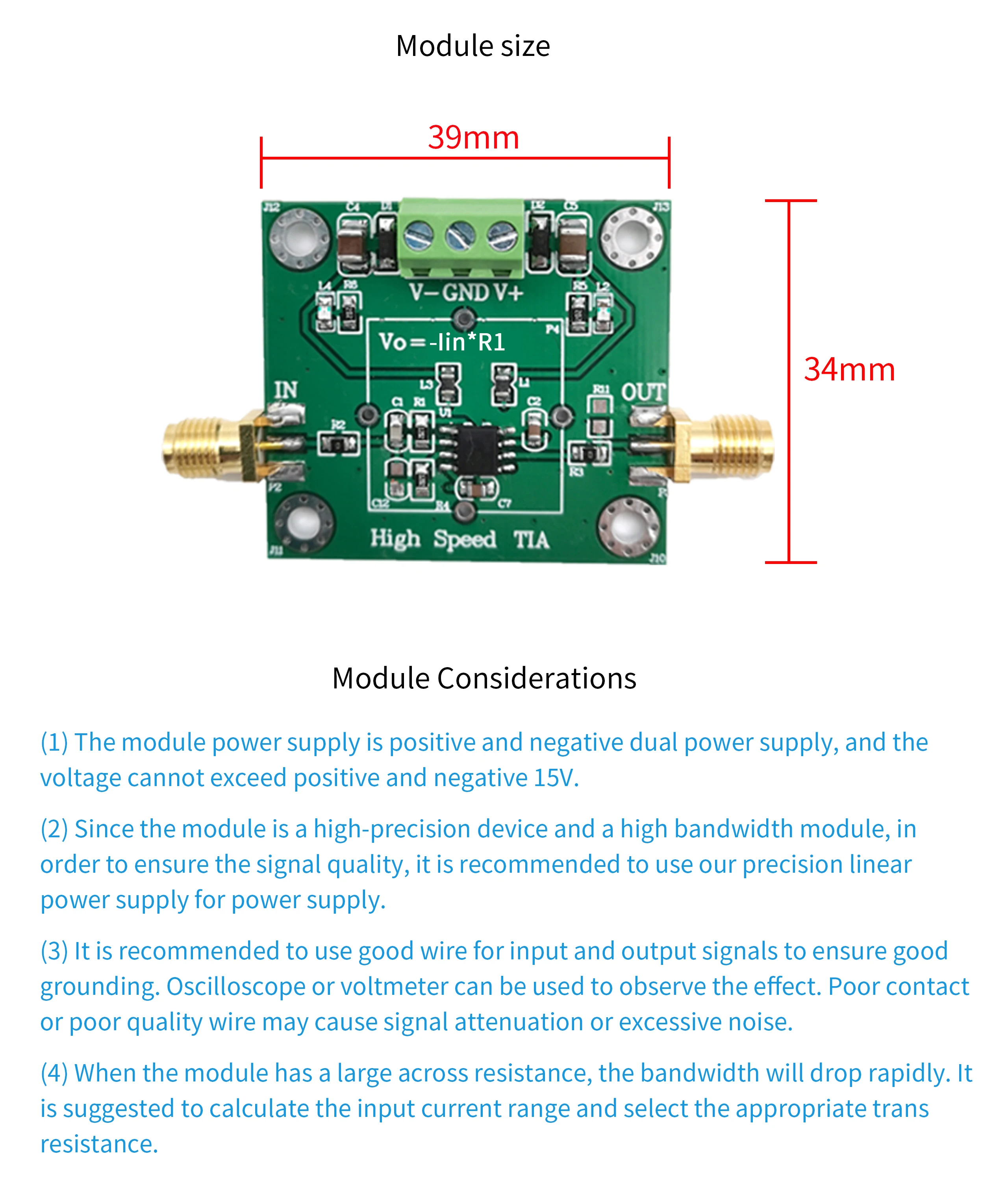 TIA Photoelectric I-V Module, High Speed JFET Input Transimpedance Amplifier DIY Kit, for APD PIN Detector, OPA657/AD825/OPA847