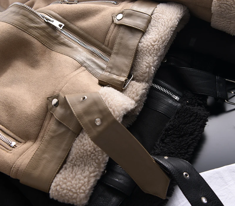 Ailegogo Winter Women Thick Warm Suede Lamb Jacket Short Motorcycle Brown Coats Faux Shearling Sheepskin Leather Jackets Outwear