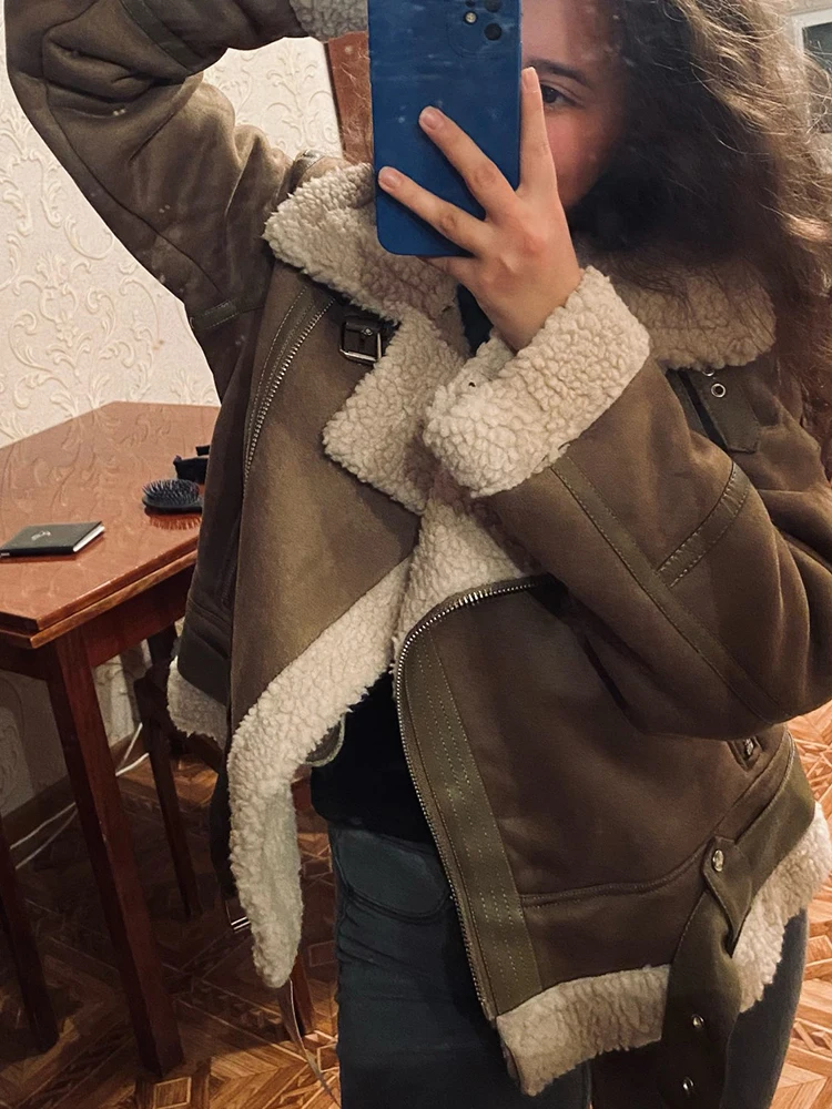 Ailegogo Winter Women Thick Warm Suede Lamb Jacket Short Motorcycle Brown Coats Faux Shearling Sheepskin Leather Jackets Outwear