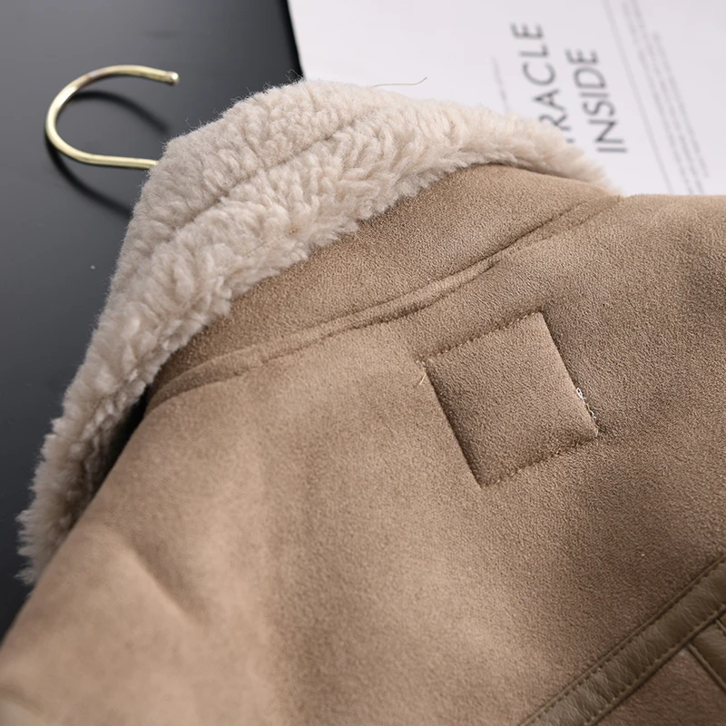 Ailegogo Winter Women Thick Warm Suede Lamb Jacket Short Motorcycle Brown Coats Faux Shearling Sheepskin Leather Jackets Outwear
