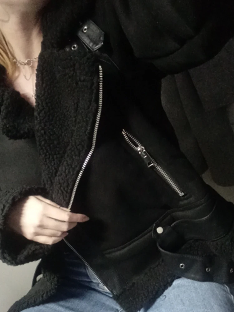 Ailegogo Winter Women Thick Warm Suede Lamb Jacket Short Motorcycle Brown Coats Faux Shearling Sheepskin Leather Jackets Outwear