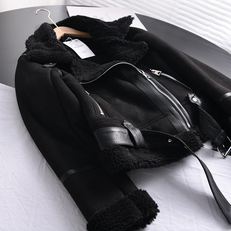 Ailegogo Winter Women Thick Warm Suede Lamb Jacket Short Motorcycle Brown Coats Faux Shearling Sheepskin Leather Jackets Outwear