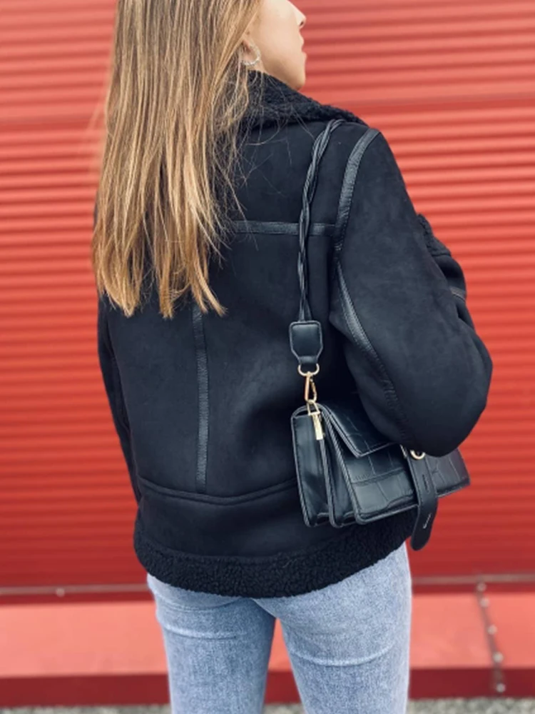 Ailegogo Winter Women Thick Warm Suede Lamb Jacket Short Motorcycle Brown Coats Faux Shearling Sheepskin Leather Jackets Outwear