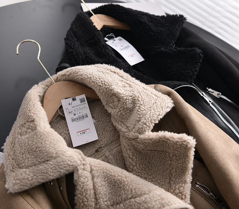 Ailegogo Winter Women Thick Warm Suede Lamb Jacket Short Motorcycle Brown Coats Faux Shearling Sheepskin Leather Jackets Outwear
