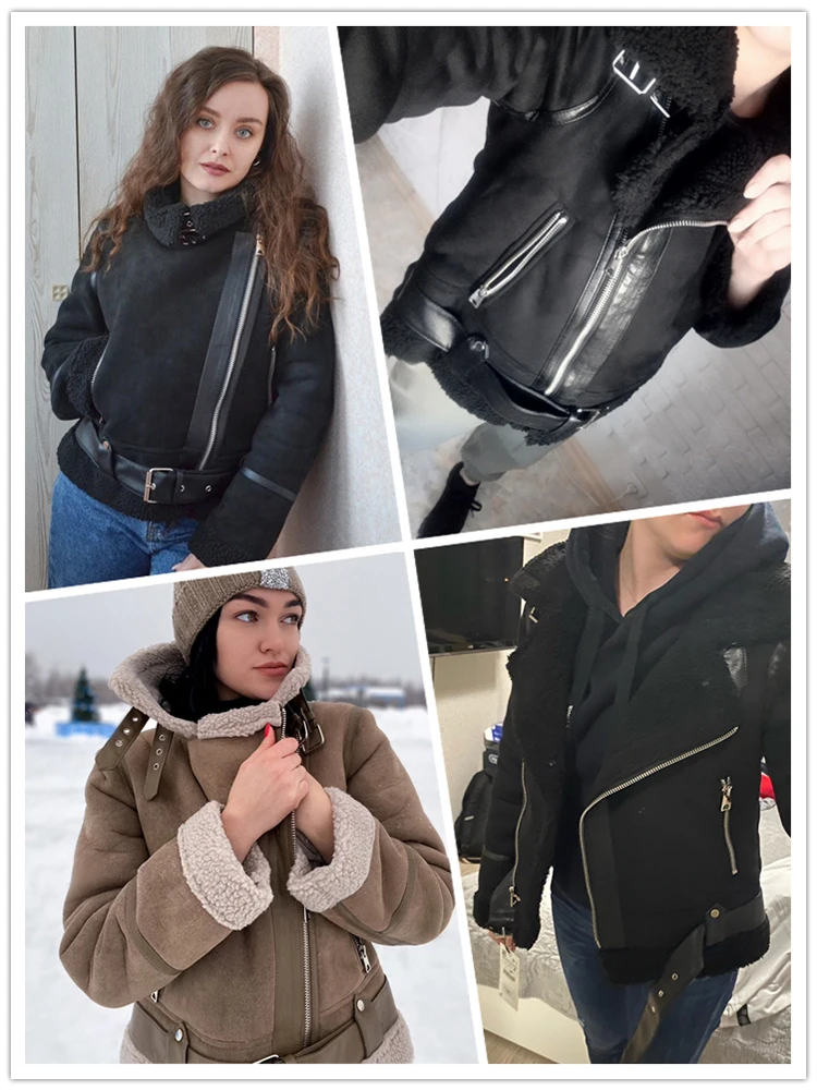Ailegogo Winter Women Thick Warm Suede Lamb Jacket Short Motorcycle Brown Coats Faux Shearling Sheepskin Leather Jackets Outwear