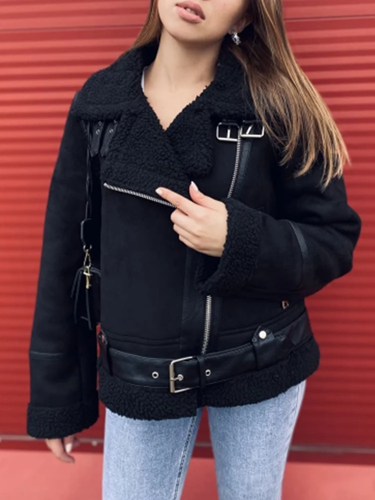 Ailegogo Winter Women Thick Warm Suede Lamb Jacket Short Motorcycle Brown Coats Faux Shearling Sheepskin Leather Jackets Outwear