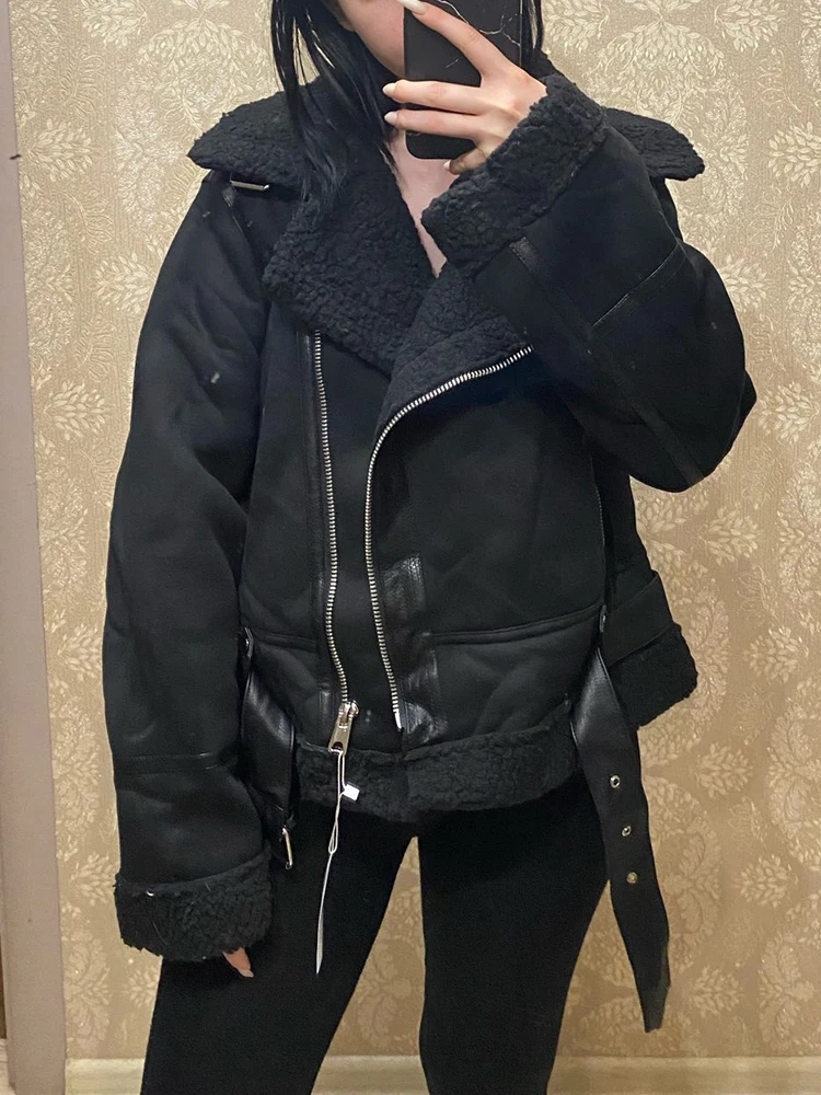 Ailegogo Winter Women Thick Warm Suede Lamb Jacket Short Motorcycle Brown Coats Faux Shearling Sheepskin Leather Jackets Outwear