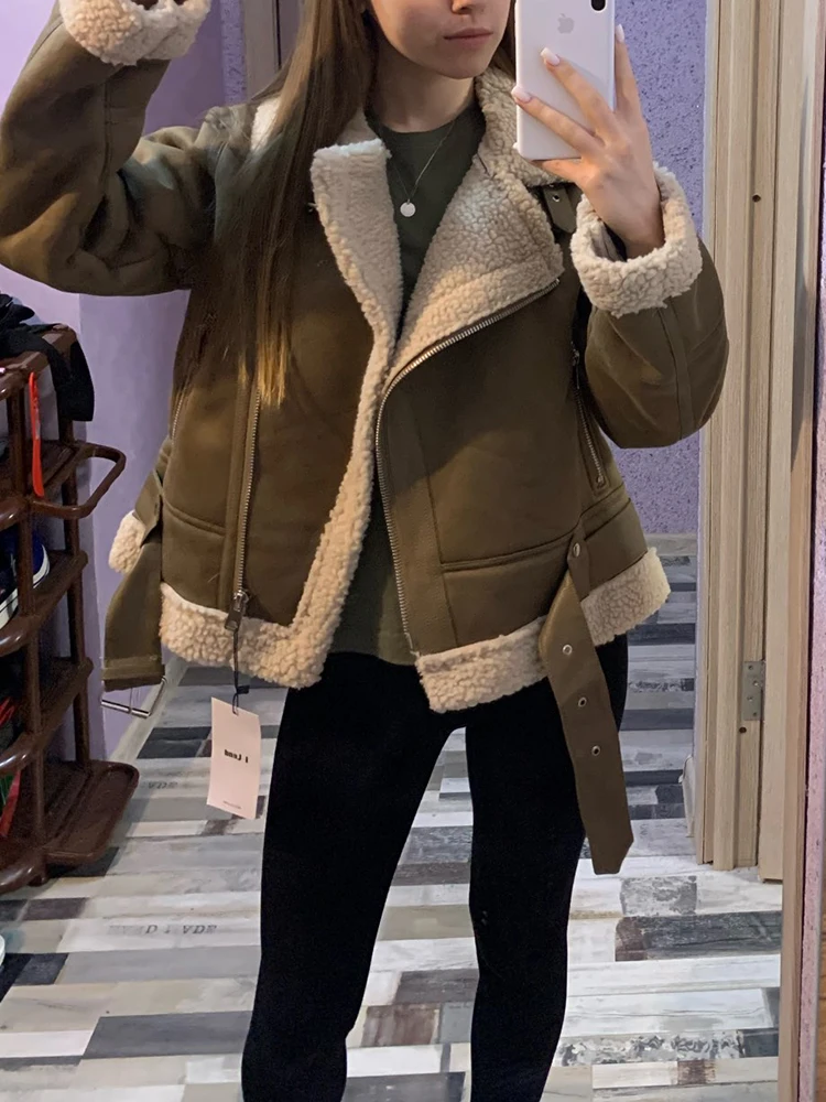 Ailegogo Winter Women Thick Warm Suede Lamb Jacket Short Motorcycle Brown Coats Faux Shearling Sheepskin Leather Jackets Outwear