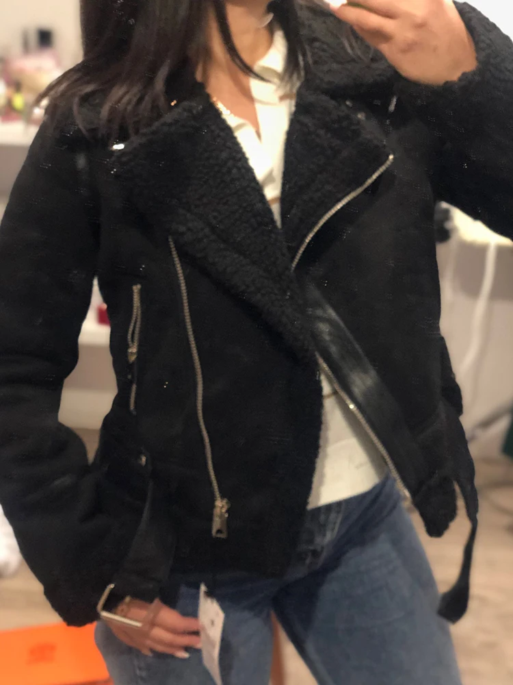 Ailegogo Winter Women Thick Warm Suede Lamb Jacket Short Motorcycle Brown Coats Faux Shearling Sheepskin Leather Jackets Outwear