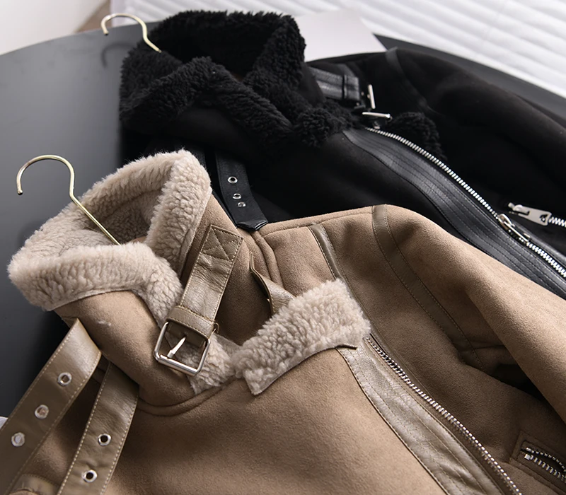 Ailegogo Winter Women Thick Warm Suede Lamb Jacket Short Motorcycle Brown Coats Faux Shearling Sheepskin Leather Jackets Outwear