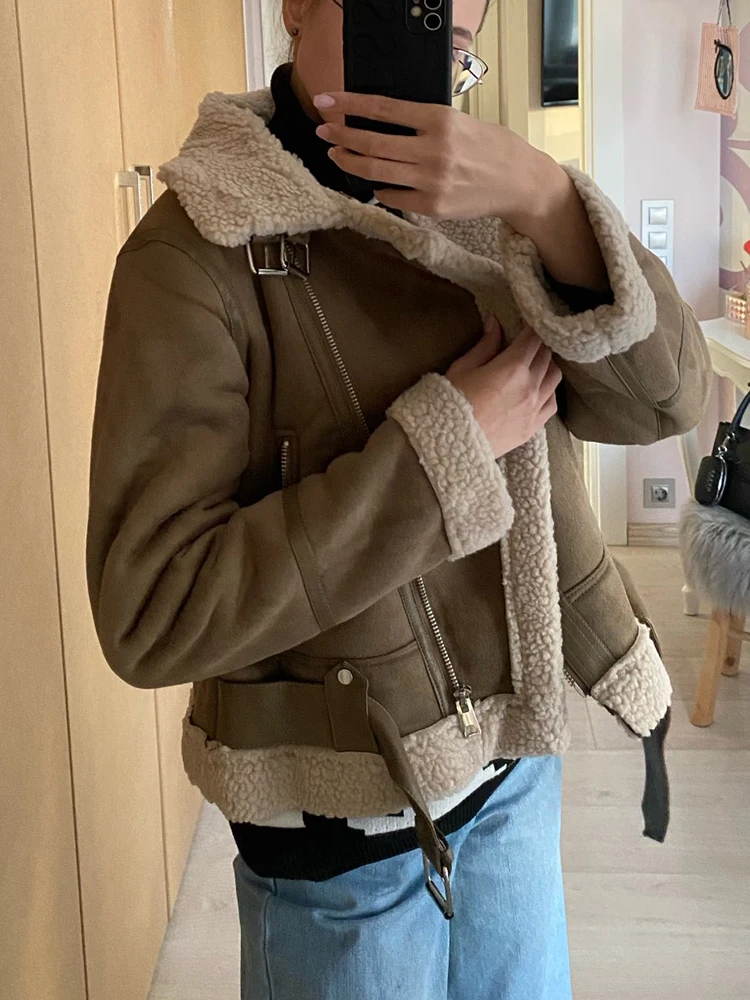 Ailegogo Winter Women Thick Warm Suede Lamb Jacket Short Motorcycle Brown Coats Faux Shearling Sheepskin Leather Jackets Outwear
