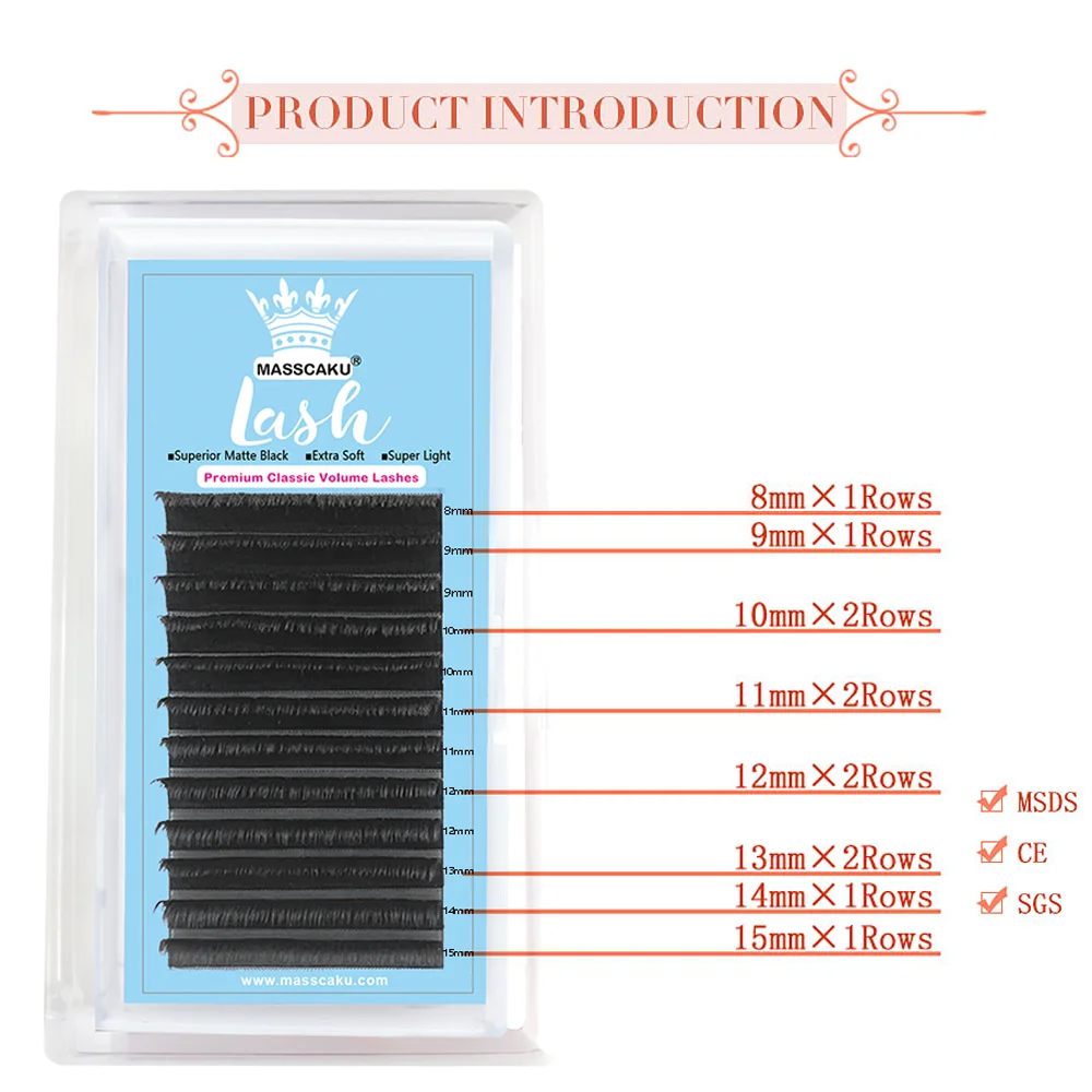 MASSCAKU Wholesale Price Eyelash Extensions for Salon Soft Thin Tip Length 7-20mm Eyelash Lash Supplies