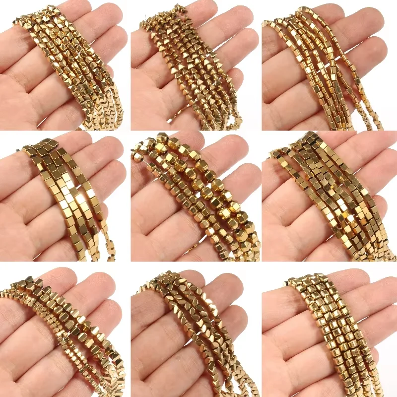 AAA+ Color Retention Gold-Plated Hematite Beads Natural Stone Round Cube Spacer Loose Beads for jewelry Making DIY Bracelet 15''