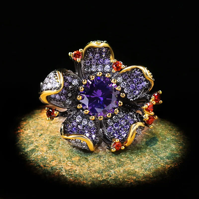 925 Stamp New Unique Purple Diamond Flower-Shaped Black Gold Ring Zircon Shiny Jewelry Elegant Party Women's
