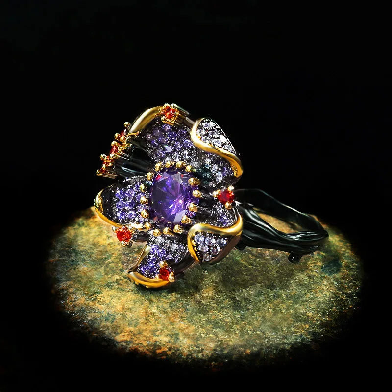 925 Stamp New Unique Purple Diamond Flower-Shaped Black Gold Ring Zircon Shiny Jewelry Elegant Party Women's