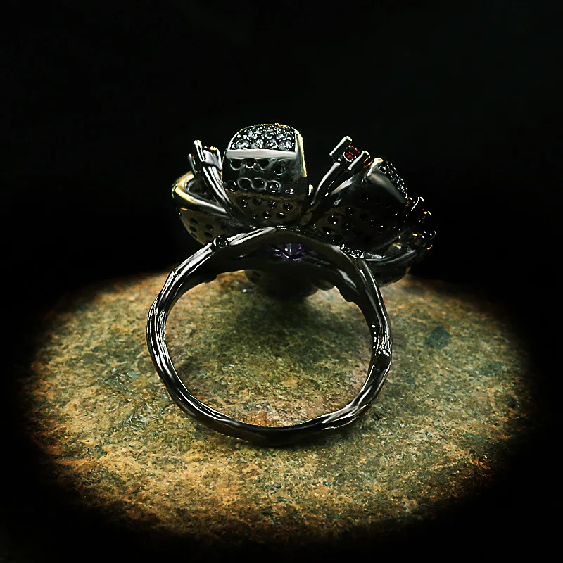 925 Stamp New Unique Purple Diamond Flower-Shaped Black Gold Ring Zircon Shiny Jewelry Elegant Party Women's