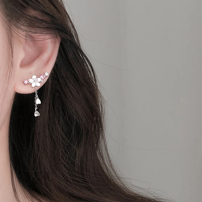 Korean Moon Pearl Zircon Stud Earrings For Women Elegant Crystal Flower Cherry Blossoms Earring Anniversary Wedding Jewelry