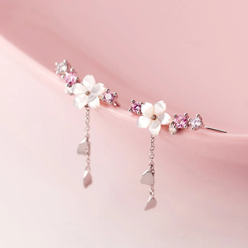 Korean Moon Pearl Zircon Stud Earrings For Women Elegant Crystal Flower Cherry Blossoms Earring Anniversary Wedding Jewelry