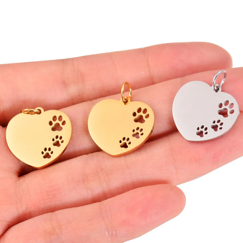 10Pcs/Lot Hollow Paw Heart Charms Stainless Steel Mirror Polished Charms Wholesale Heart Paw Charm Pendant For Jewelry Making
