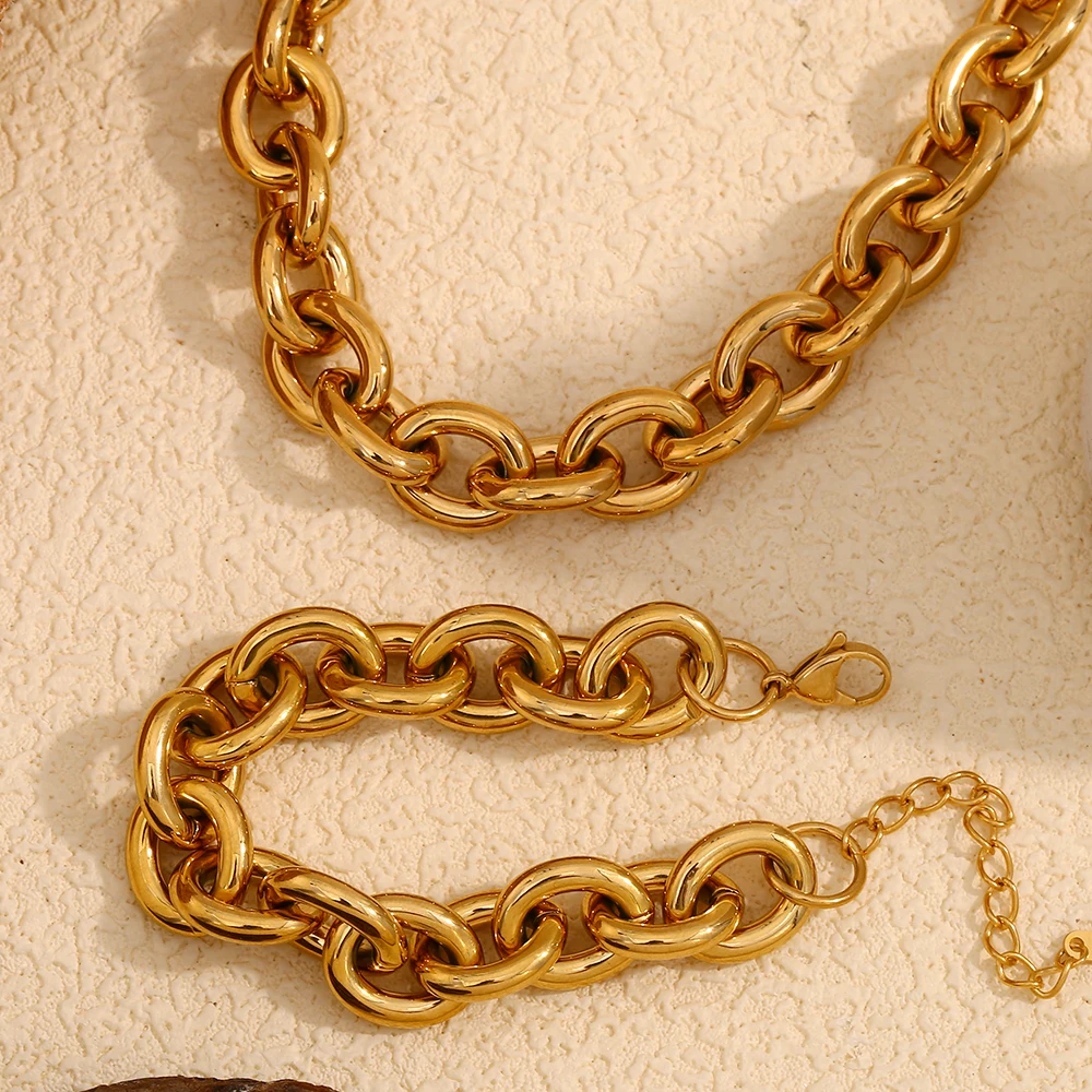 E.B.belle Exaggerated Stainless Steel Tarnish Free Chunky O Chain Gold Choker Necklace Bracelet Jewelry Set Statement Necklace