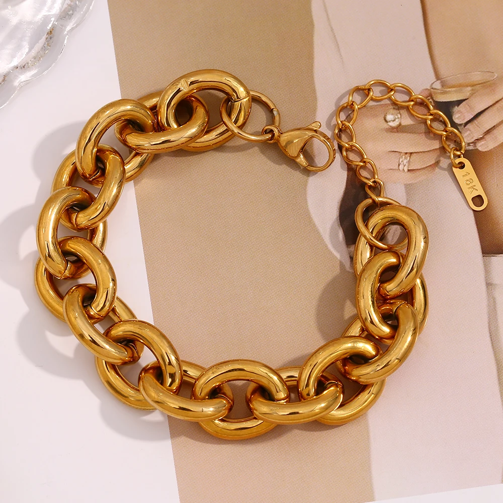 E.B.belle Exaggerated Stainless Steel Tarnish Free Chunky O Chain Gold Choker Necklace Bracelet Jewelry Set Statement Necklace