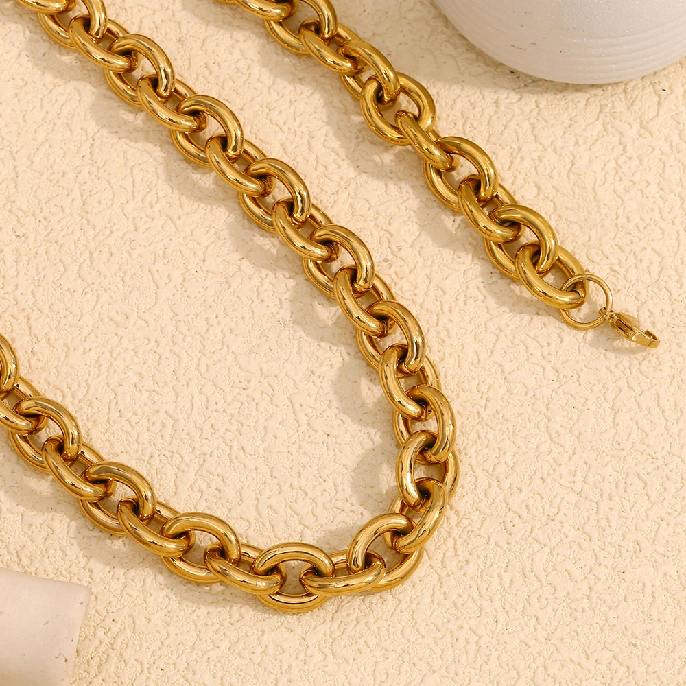 E.B.belle Exaggerated Stainless Steel Tarnish Free Chunky O Chain Gold Choker Necklace Bracelet Jewelry Set Statement Necklace