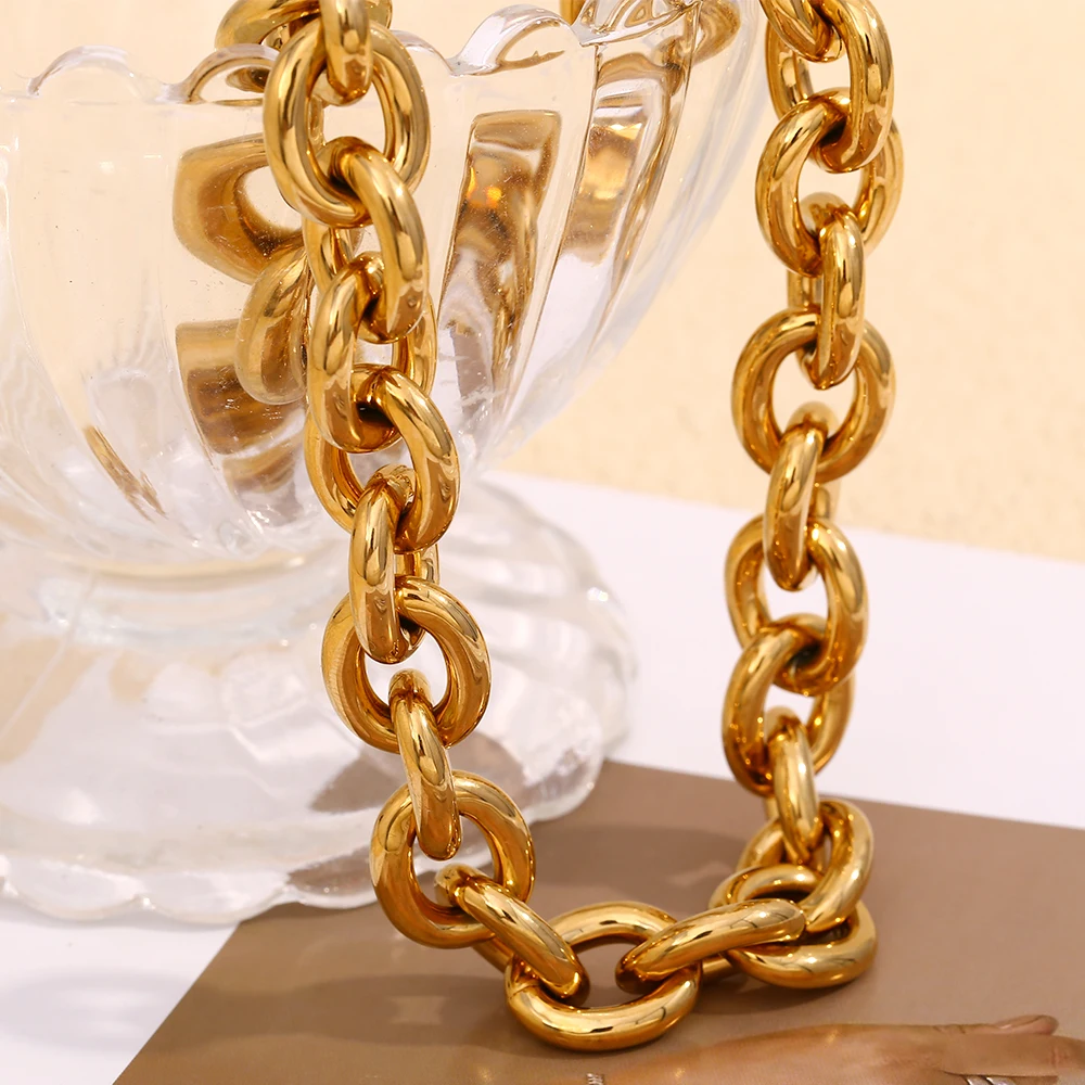 E.B.belle Exaggerated Stainless Steel Tarnish Free Chunky O Chain Gold Choker Necklace Bracelet Jewelry Set Statement Necklace