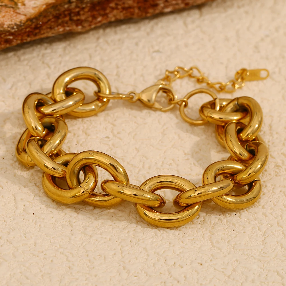 E.B.belle Exaggerated Stainless Steel Tarnish Free Chunky O Chain Gold Choker Necklace Bracelet Jewelry Set Statement Necklace