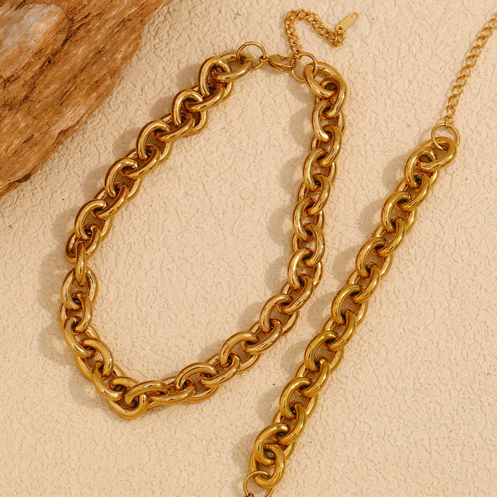 E.B.belle Exaggerated Stainless Steel Tarnish Free Chunky O Chain Gold Choker Necklace Bracelet Jewelry Set Statement Necklace