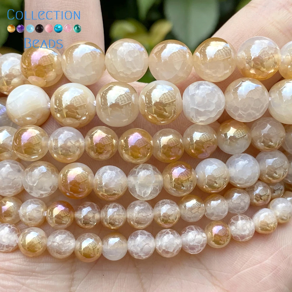 6/8/10mm Natural Stone Beads Champagne Gold Color Cracked Agates Round Spacer Beads For Jewelry Making DIY Bracelets Accessories