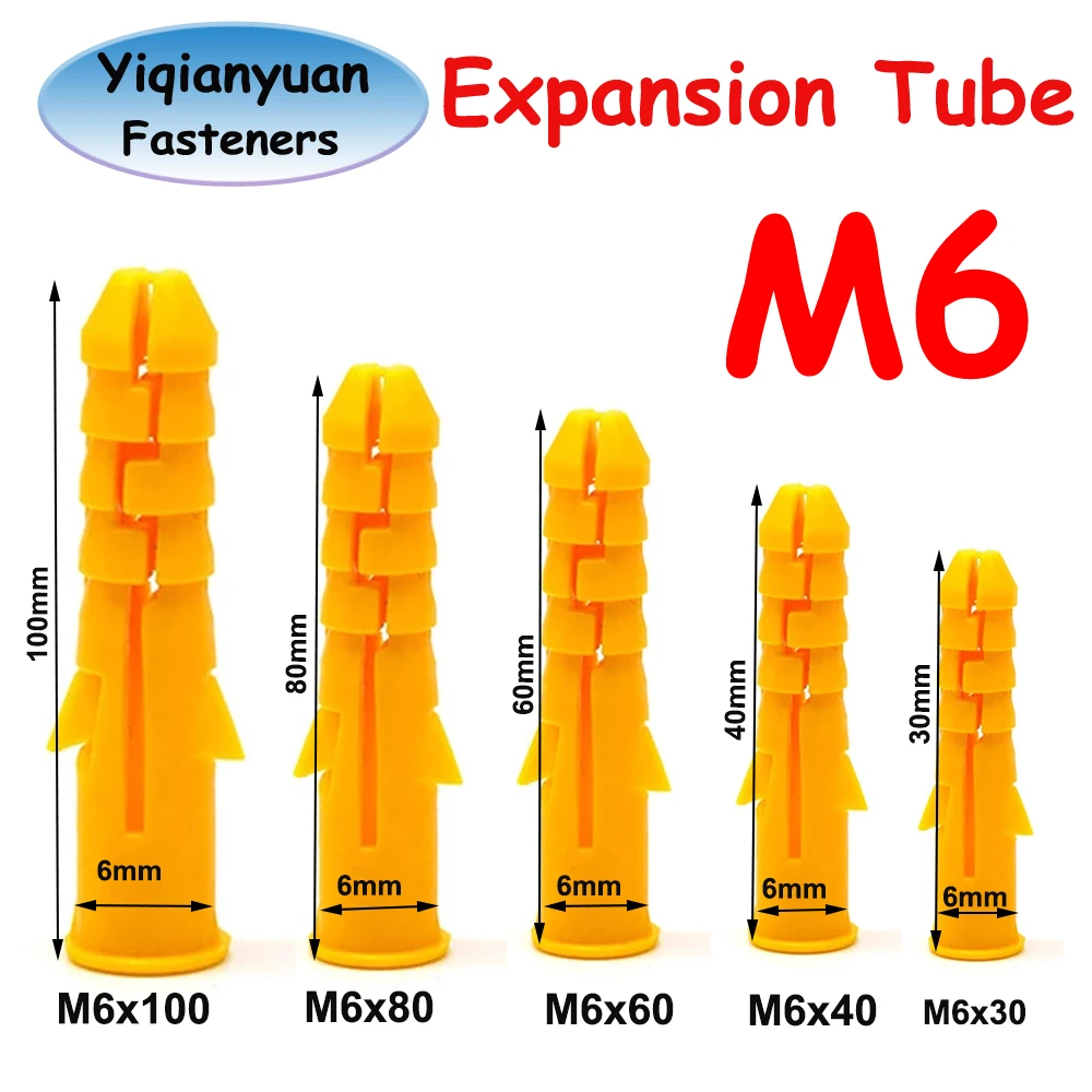 Yiqianyuan M6 Wall Plastic Wall Anchor Bolts Expansion Pipe Column Concrete Wall Plug Frame Fixings Tube Yellow