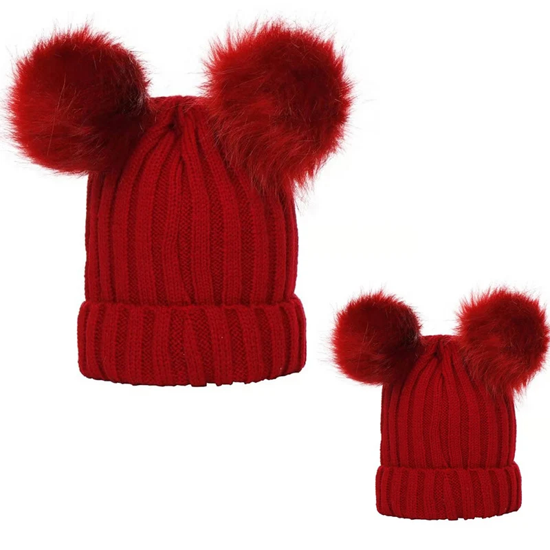 2024 Mother Kids Hats Bobble Hat Children Cap Pom Pom Beanies Caps Kids Cap Infant Bonnet Accessories for Baby Girls Boys 0-3Y