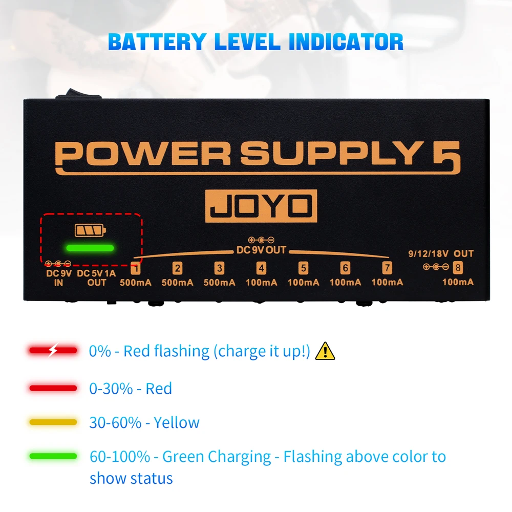 JOYO JP-05 Guitar Effect Pedal Power Supply Rechargeable 4400mAh Battery 8 DC Outputs Jacks 9V 12V 18V Guitar Effect Power