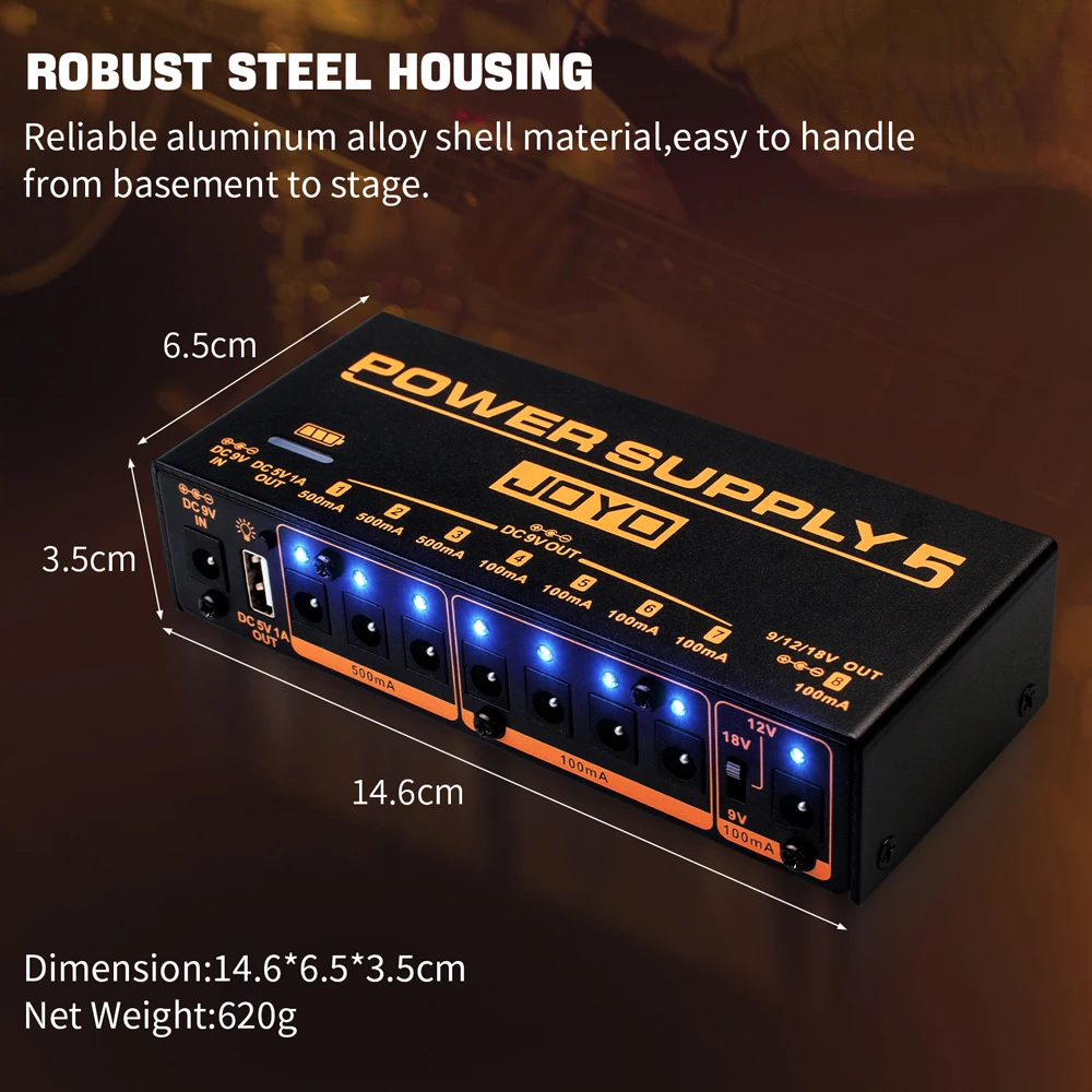 JOYO JP-05 Guitar Effect Pedal Power Supply Rechargeable 4400mAh Battery 8 DC Outputs Jacks 9V 12V 18V Guitar Effect Power