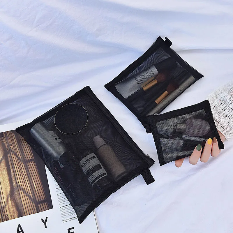 1PCS Women Travel Zipper Make Up Makeup Bag Organizer Storage Pouch Black Mesh Cosmetic Bag Toiletry Clear Wash Bags Case
