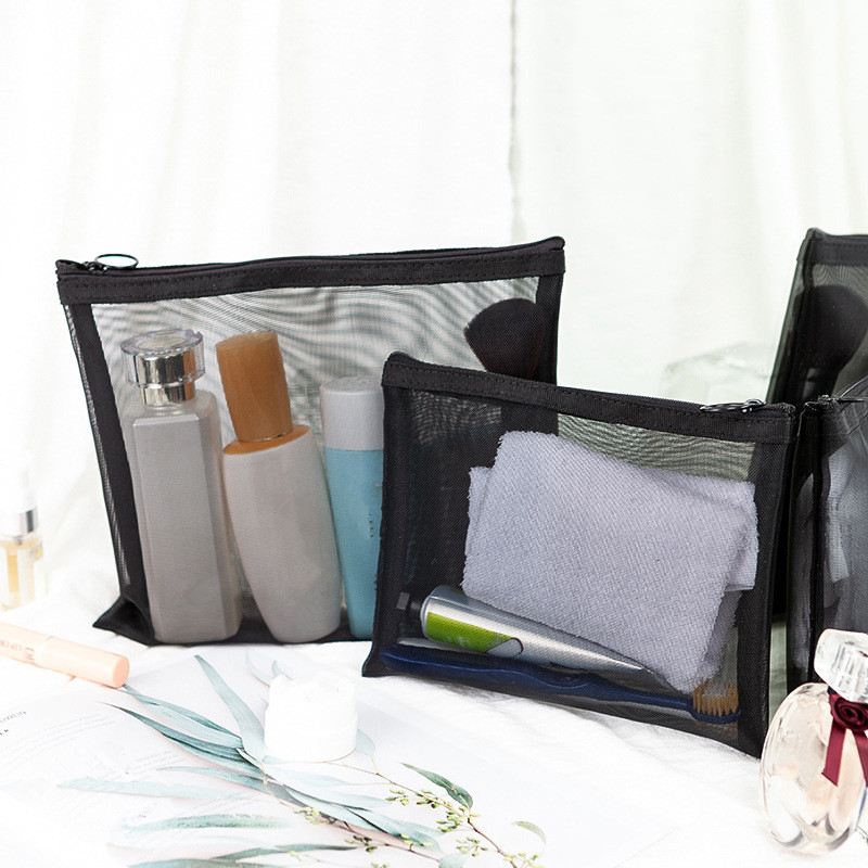 1PCS Women Travel Zipper Make Up Makeup Bag Organizer Storage Pouch Black Mesh Cosmetic Bag Toiletry Clear Wash Bags Case