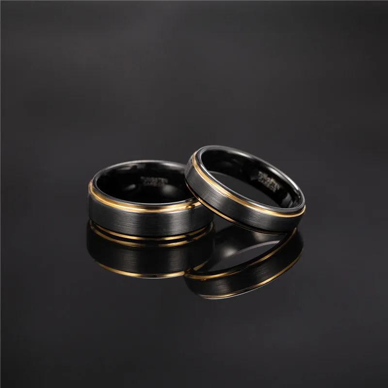 Tigrade Men Brushed Tungsten Black Ring With Gold Color Edge 6/8mm Unisex Women Men Wedding Band for Couple Name Date Engraving