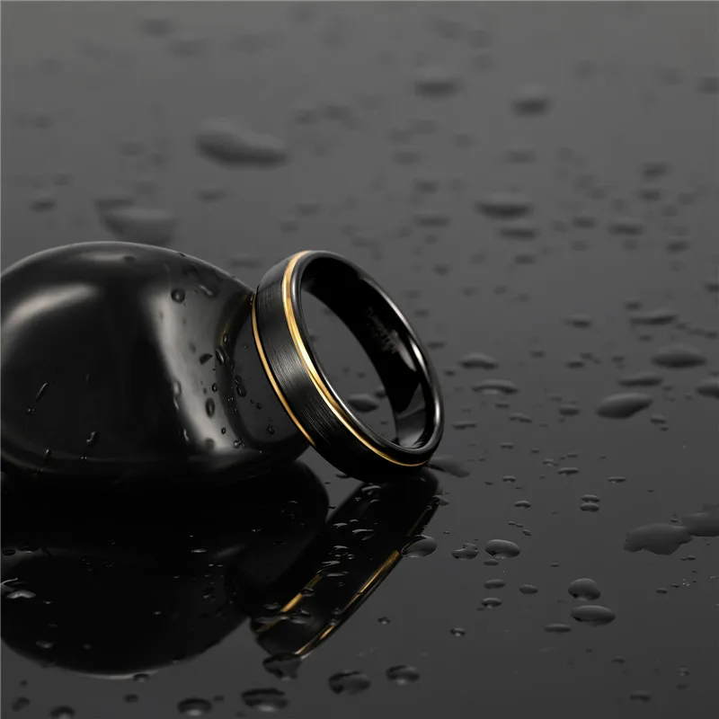 Tigrade Men Brushed Tungsten Black Ring With Gold Color Edge 6/8mm Unisex Women Men Wedding Band for Couple Name Date Engraving
