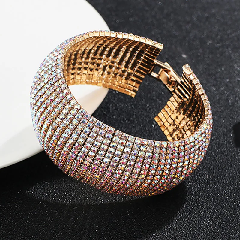 TREAZY Luxury 15 row Rhinestone Full Crystal Bracelet for Women Cuff Bangle Wedding Bridal Gold Silver Color Statement Bracelets