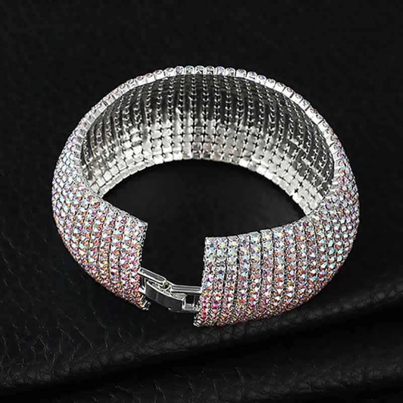 TREAZY Luxury 15 row Rhinestone Full Crystal Bracelet for Women Cuff Bangle Wedding Bridal Gold Silver Color Statement Bracelets