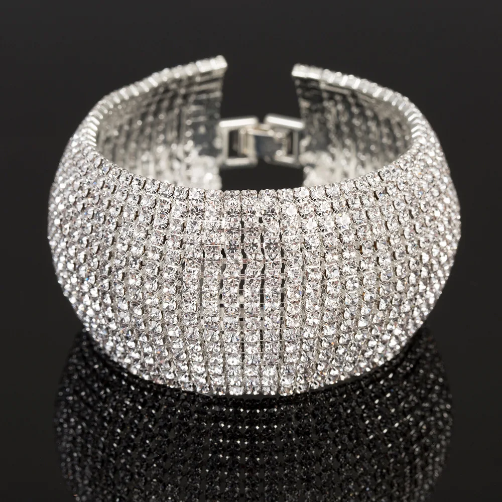 TREAZY Luxury 15 row Rhinestone Full Crystal Bracelet for Women Cuff Bangle Wedding Bridal Gold Silver Color Statement Bracelets