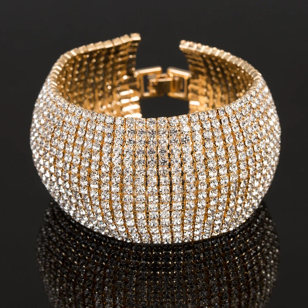TREAZY Luxury 15 row Rhinestone Full Crystal Bracelet for Women Cuff Bangle Wedding Bridal Gold Silver Color Statement Bracelets