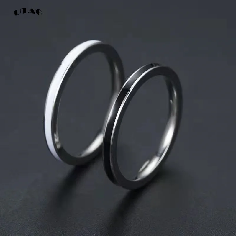 UTAG Fashion Black/White Ceramic Crystal Wedding Rings Jewelry For Women Girls Rose Gold Stainless Steel Bohemia Rin