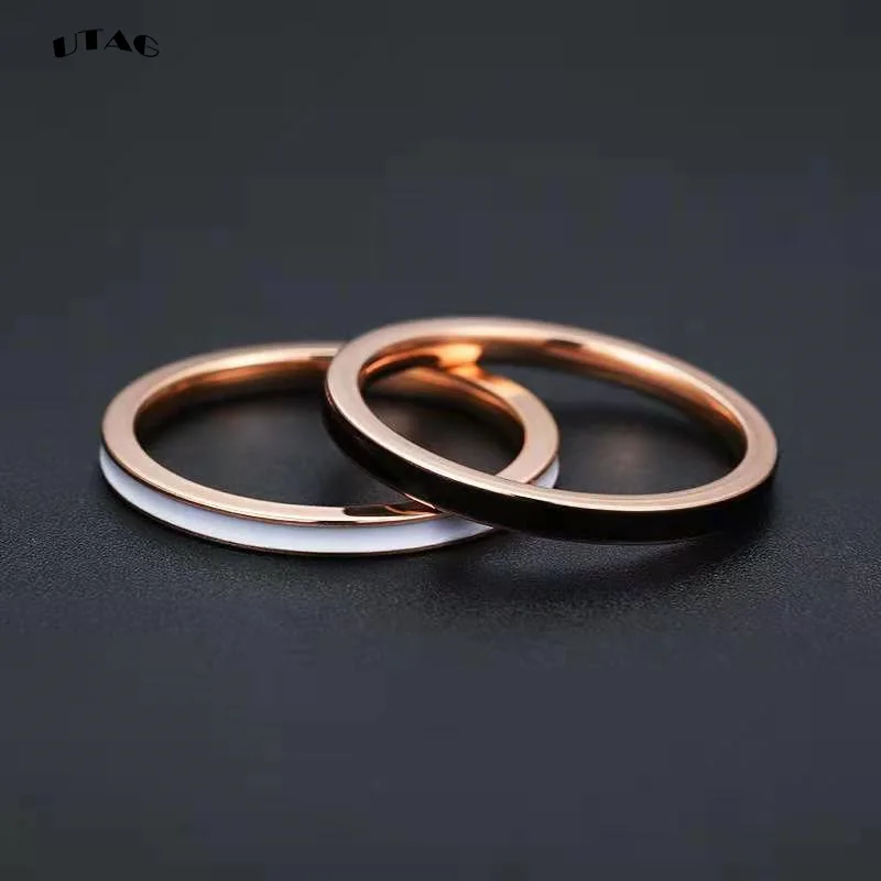 UTAG Fashion Black/White Ceramic Crystal Wedding Rings Jewelry For Women Girls Rose Gold Stainless Steel Bohemia Rin
