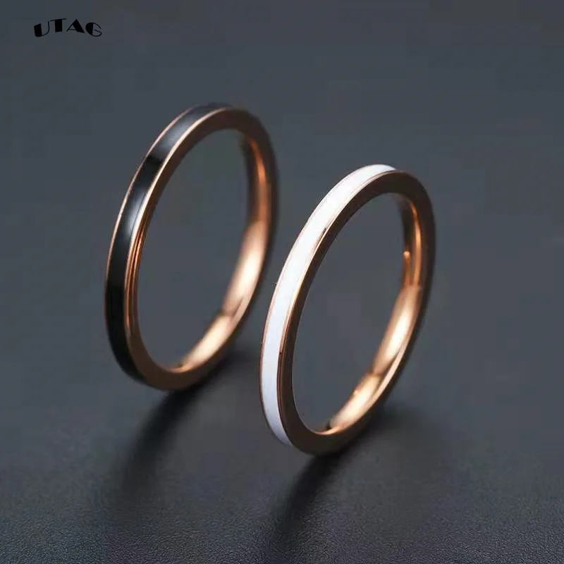 UTAG Fashion Black/White Ceramic Crystal Wedding Rings Jewelry For Women Girls Rose Gold Stainless Steel Bohemia Rin
