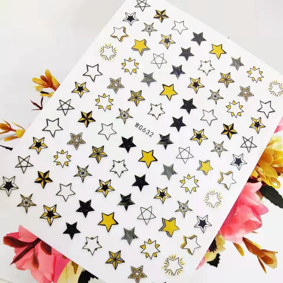 Shiny Gold Star Moon Sun Nail Stickers for Manicure Accessories Heart Feather Animals Printing Self Adhesive Nail Wrap